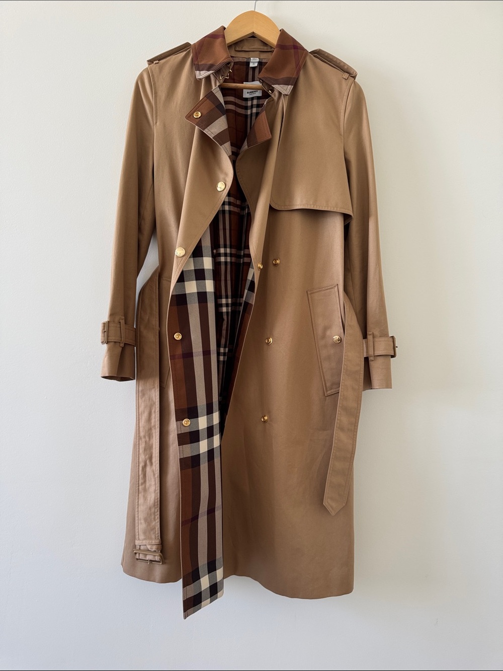 Burberry Sandridge Long Check Collar Gabardine Trench Coat Camel NWOT Size 2 - Picture 7 of 15